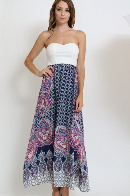 Z-Strapless Printed Maxi Dress Navy-SOLD-SOLD-Daring Diva Australia