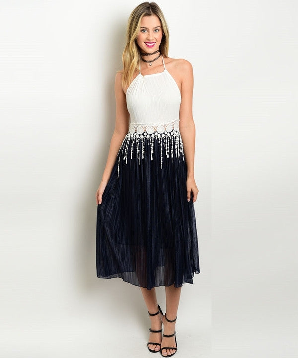 NAVY & WHITE PLEATED DRESS-SOLD-SOLD-Daring Diva Australia