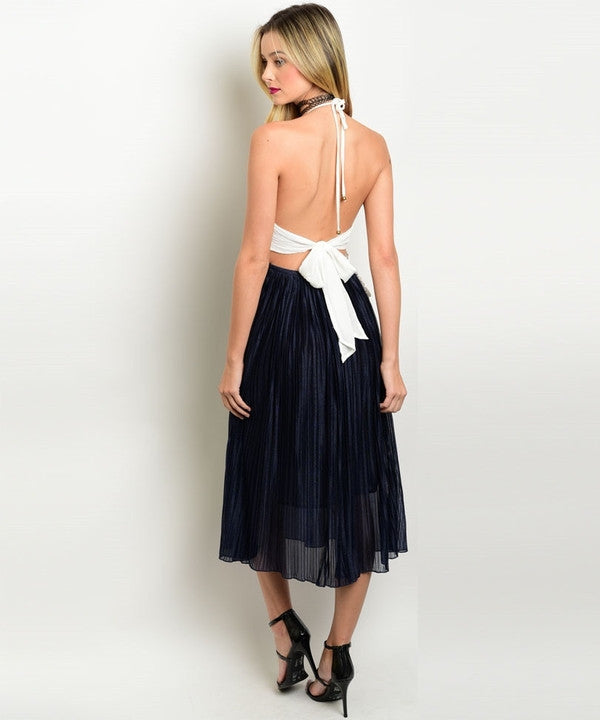 NAVY & WHITE PLEATED DRESS-SOLD-SOLD-Daring Diva Australia