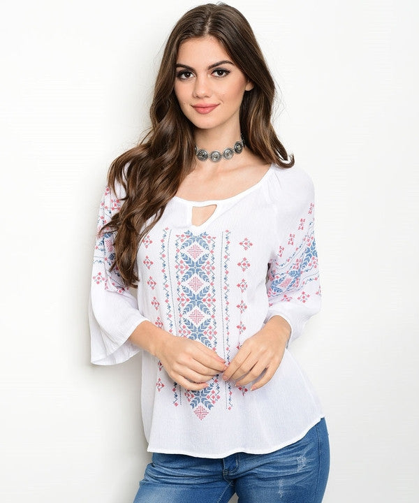 Z-WHITE RED NAVY EMBROIDERY TOP-SOLD-SOLD-Daring Diva Australia