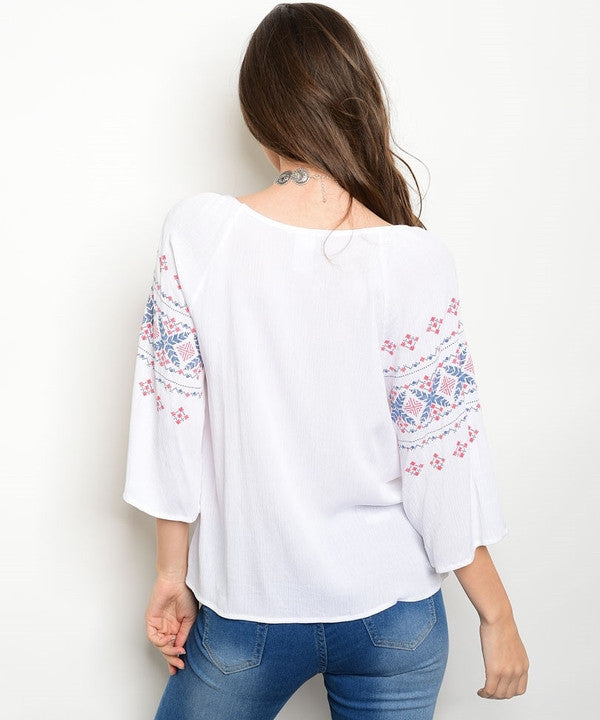 Z-WHITE RED NAVY EMBROIDERY TOP-SOLD-SOLD-Daring Diva Australia