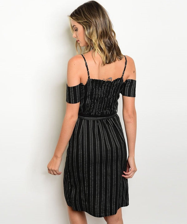Z-BUTTONED PINSTRIPE DRESS BLACK-SOLD-SOLD-Daring Diva Australia