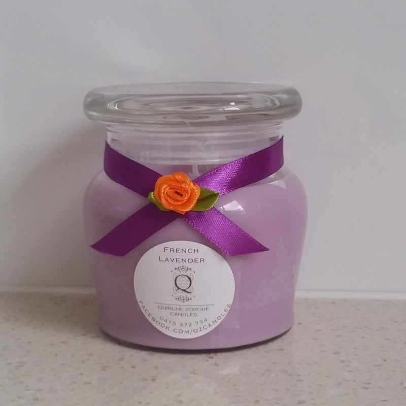 quirche zorche candles, scented candle, fragrant candle, wick, candle, glass jar candle, glass jar, one wick candle, candle fragrance, home fragrance, fragrance, décor, frangipani, white candle, white, natural, french lavender candle