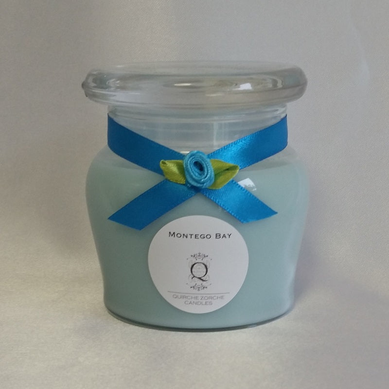 quirche zorche candles, scented candle, fragrant candle, wick, candle, glass jar candle, glass jar, one wick candle, candle fragrance, home fragrance, fragrance, décor, montego, bay, blue candle, blue