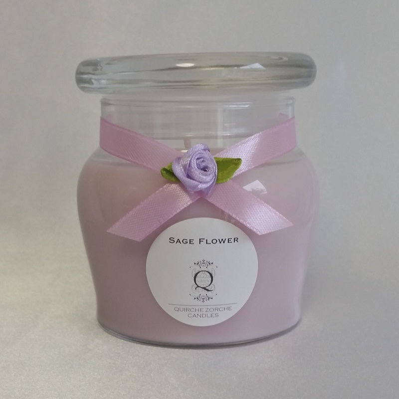 quirche zorche candles, scented candle, fragrant candle, wick, candle, glass jar candle, glass jar, one wick candle, candle fragrance, home fragrance, fragrance, décor, purple candle, purple, sage, flower