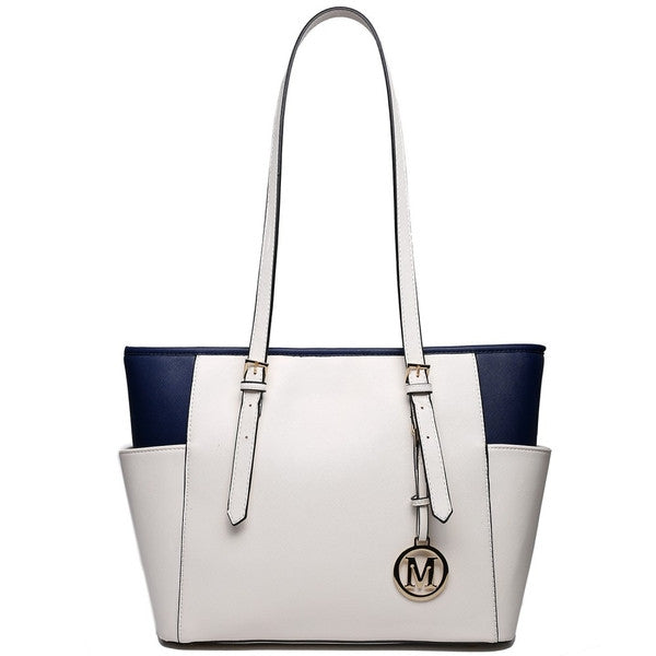 ADJUSTABLE HANDLE TOTE BAG BEIGE AND NAVY-SOLD-SOLD-Daring Diva Australia