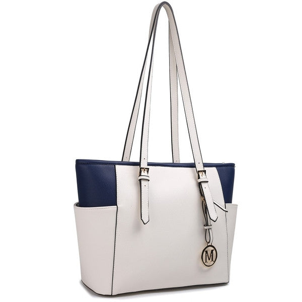 ADJUSTABLE HANDLE TOTE BAG BEIGE AND NAVY-SOLD-SOLD-Daring Diva Australia