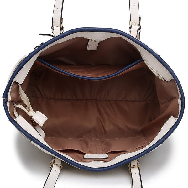 ADJUSTABLE HANDLE TOTE BAG BEIGE AND NAVY-SOLD-SOLD-Daring Diva Australia