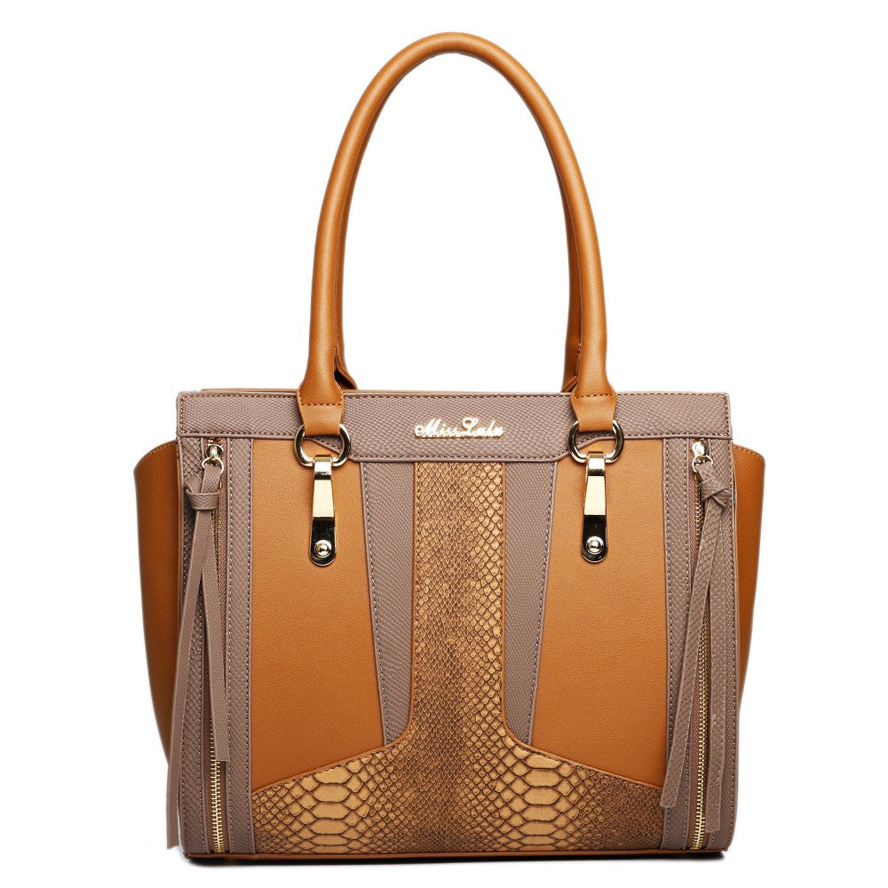 CONTRAST SNAKESKIN HANDBAG BROWN-SOLD-SOLD-Daring Diva Australia