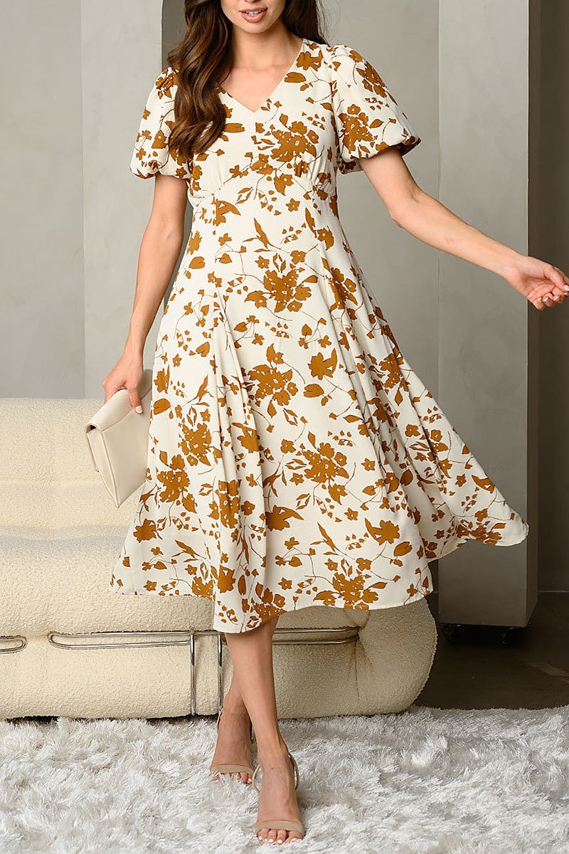 Bubble Sleeve Floral Midi Dress