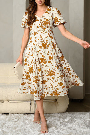 Bubble Sleeve Floral Midi Dress