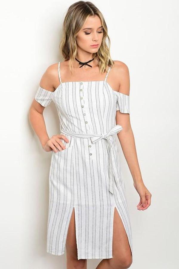 BUTTONED PINSTRIPE DRESS IVORY-SOLD-SOLD-Daring Diva Australia